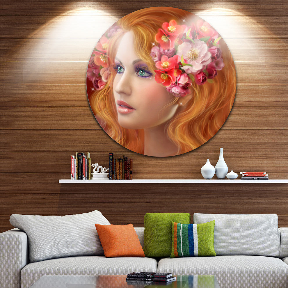 Woman With Autumn Flowers, Portrait Digital Art Disc Metal Artwork, 38"