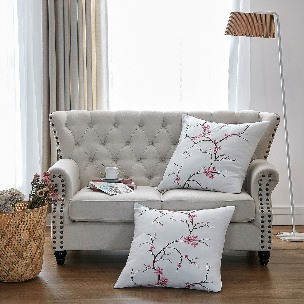 Cherry Blossom Embroidery 2 Piece Pillow Covers, Pink, 26" X 26"