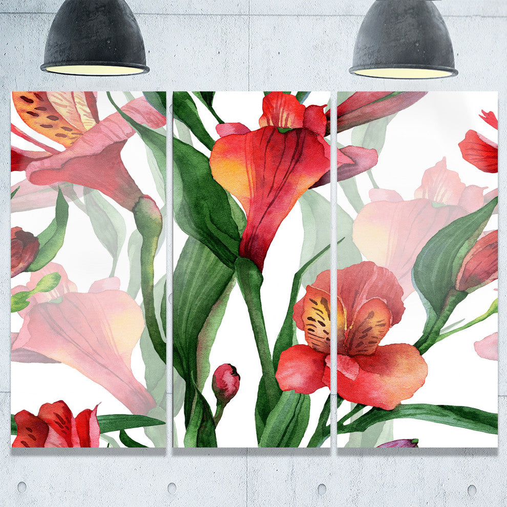"Red Floral Pattern Art" Metal Wall Art, 3 Panels, 36"x28"