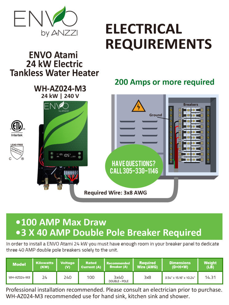 ENVO Atami Tankless Electric Water Heater 18 kW at 240 Volts, 24kw