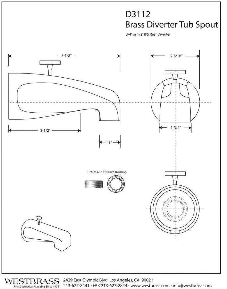 Rear Diverter 5.5" Tub Spout In Polished Brass