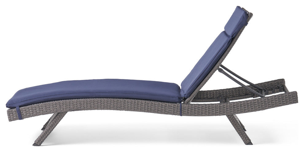 GDF Studio Nassau Outdoor Gray Wicker Chaise Lounge, Navy Blue Cushion