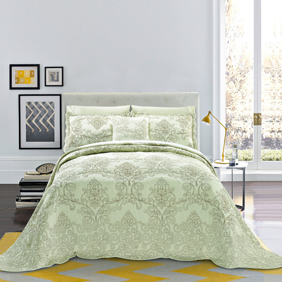 Damask Embroidered Quilted 4 Piece Bed Spread Sets, Light Green, Queen