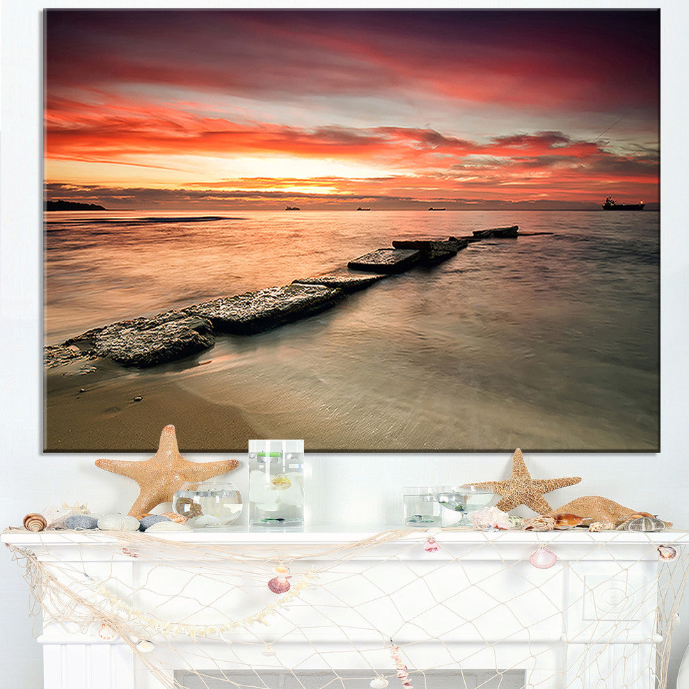 "Wonderful Sunrise On Black Ocean" Beach Canvas Wall Art, 1 Panel, 60"x28"