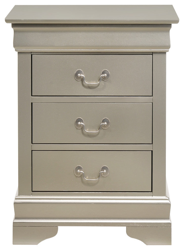 Louis Phillipe 3-Drawer Nightstand, Silver Champagne