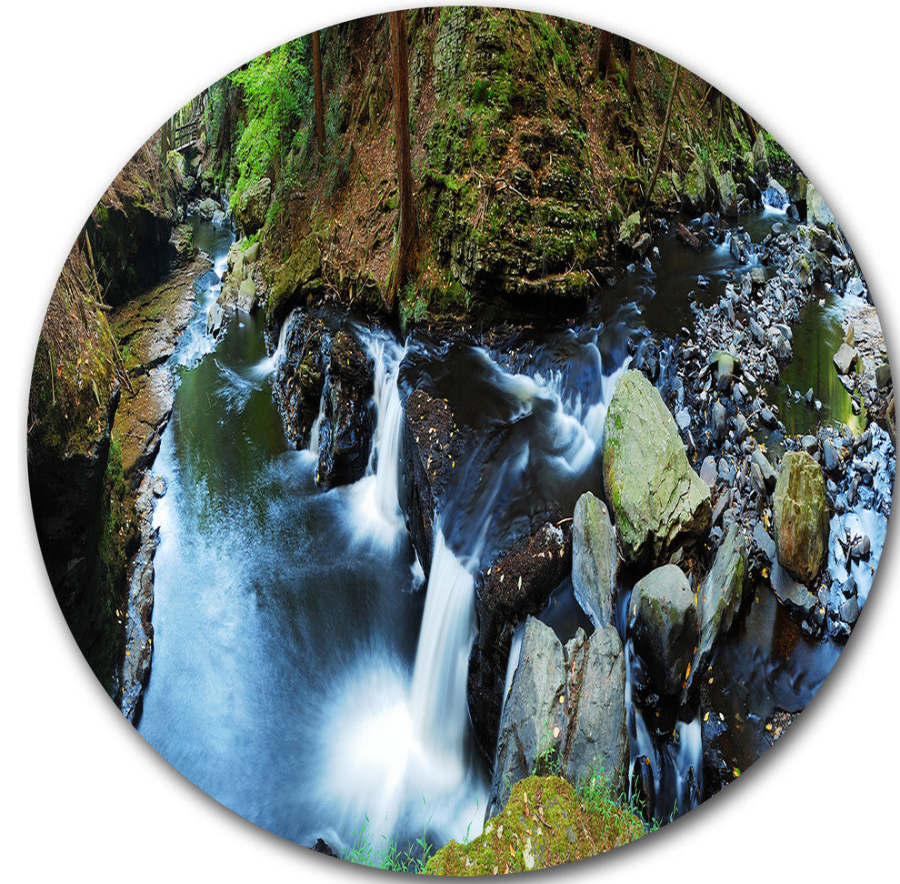 Creek With Hiking Trail Panorama, Landscape Disc Metal Artwork, 11"