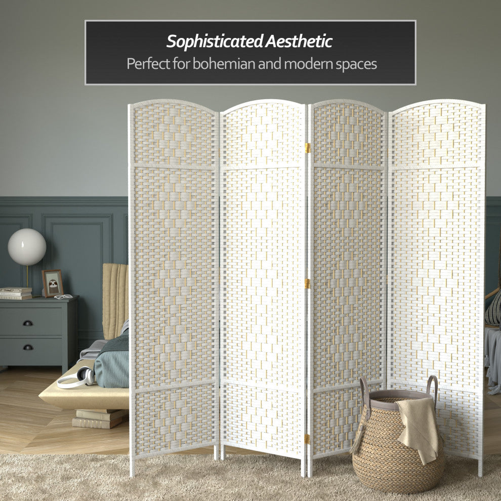 6' Tall Diamond Weave Fiber Room Divider, White, 4 Panel