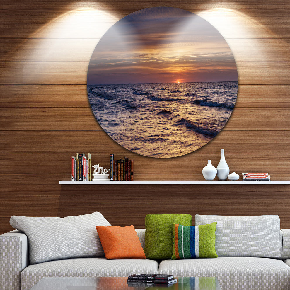 Sunset Over The Baltic Sea, Modern Seashore Round Metal Wall Art, 38"
