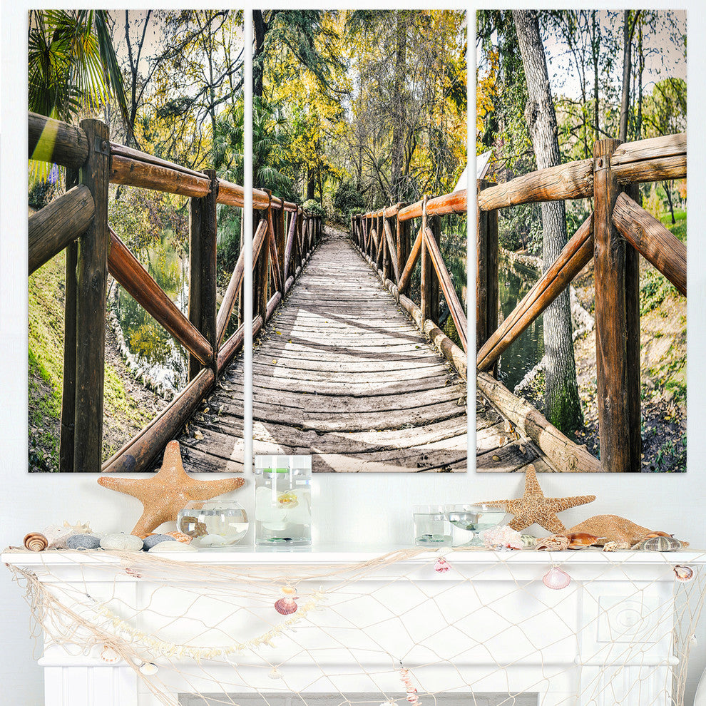 "Wooden Bridge in Forest" Wooden Sea Bridge Metal Wall Art, 3 Panels, 36"x28"