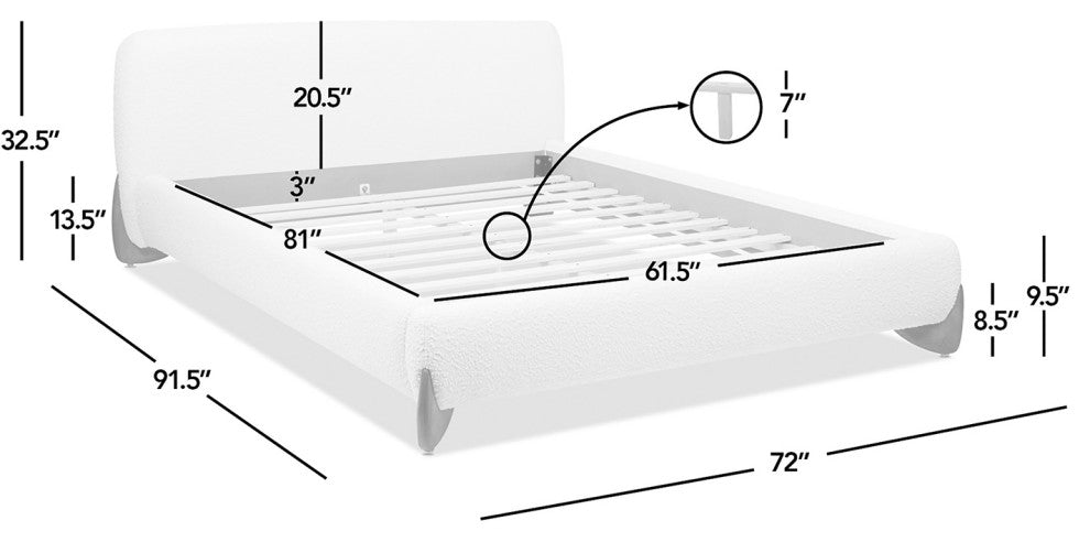 Alpine Sherpa Modern Platform Bed, Ivory White Boucle, Queen