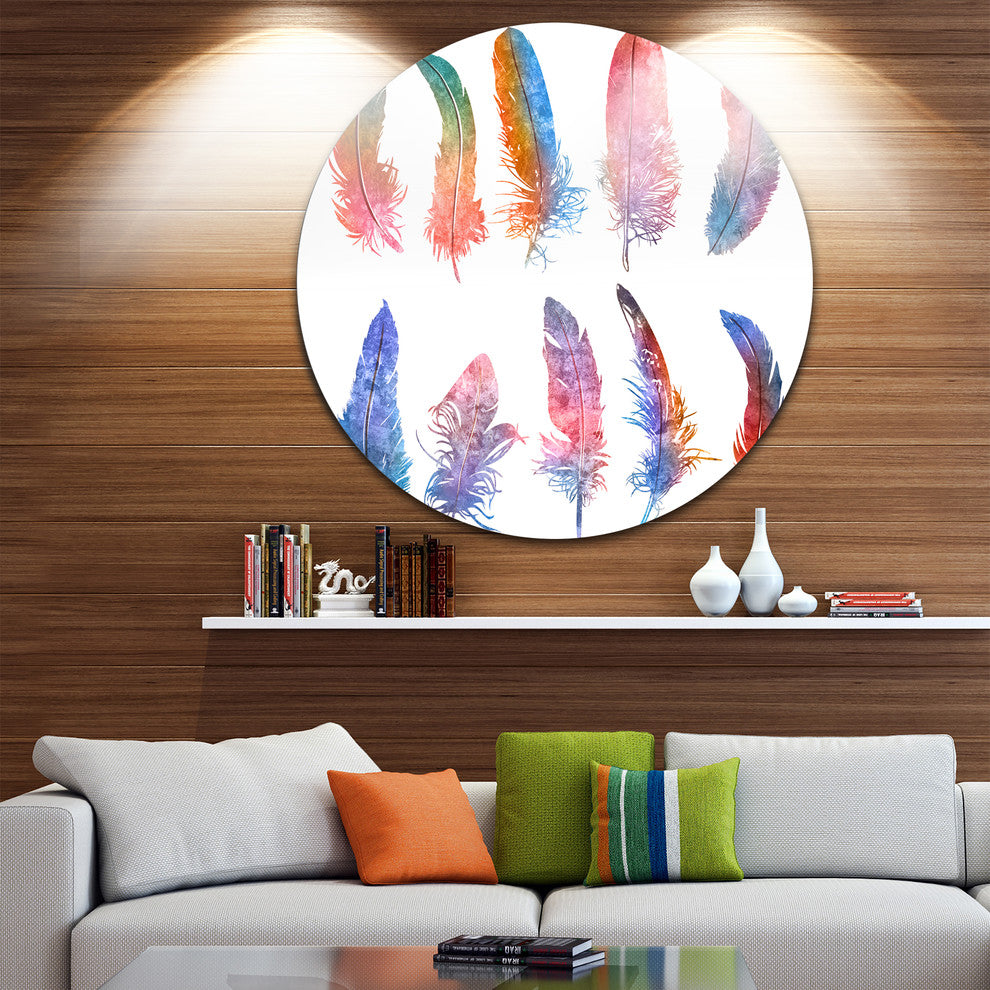 Rainbow Feathers, Raster Illustration, Floral Round Wall Art, 23"