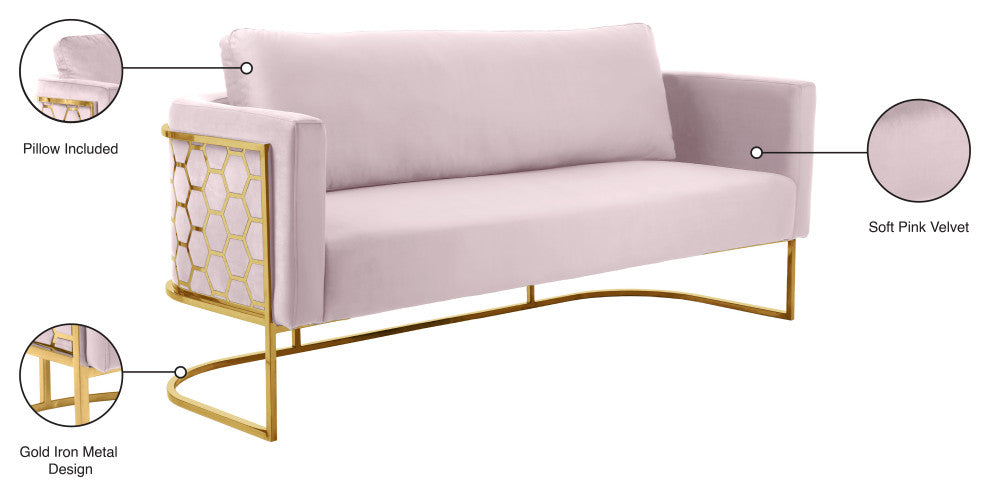 Casa Velvet Upholstered Sofa, Pink, Gold Finish
