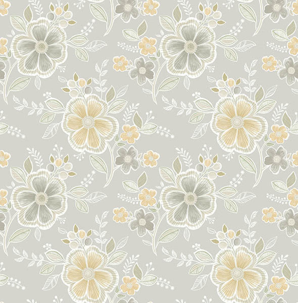 Contemporary Floral Wallpaper, Yellow and Gray, Sample