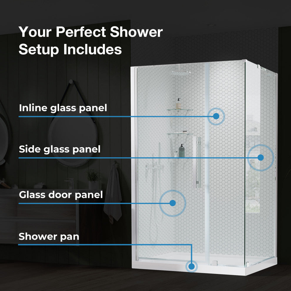 Pasadena 48"Wx36"Dx74 3/4"H Alcove Pivot Shower Kit Black Base