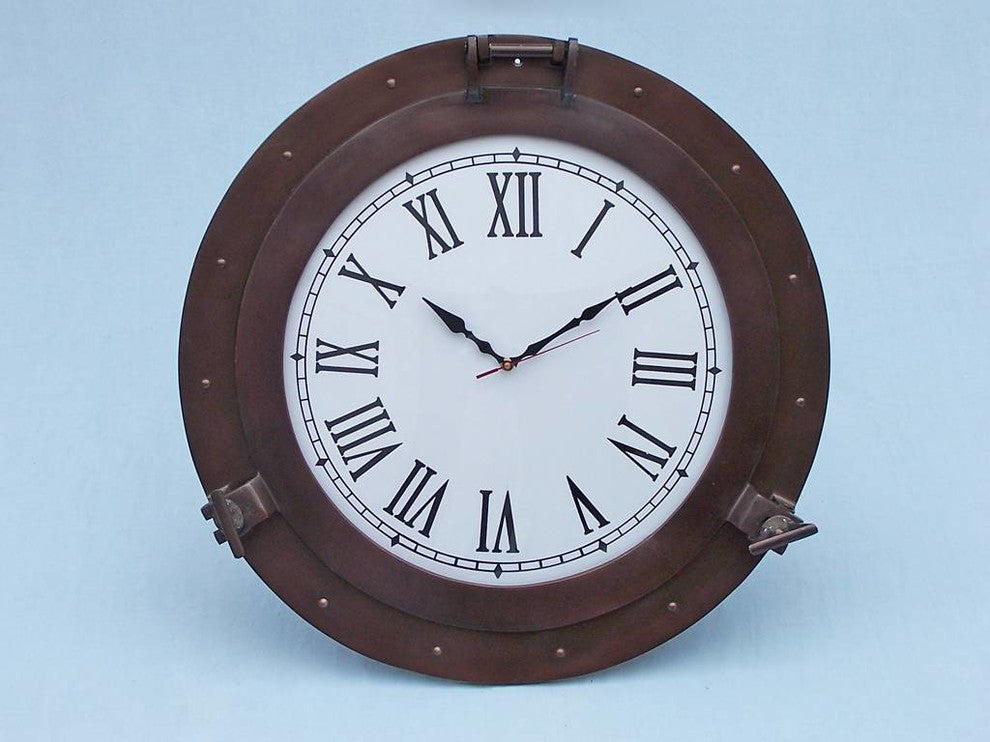 Bronzed Deluxe Class Porthole Clock 24'', Nautical Wall Clock, Beach Decor