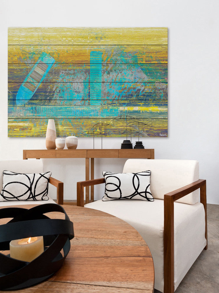"Blue Boat Docked" Painting Print on White Wood, 60"x40"