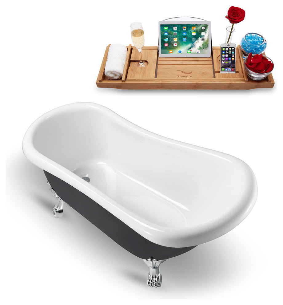 61" Black Clawfoot Tub and Tray, Chrome Feet, Chrome Internal Drain