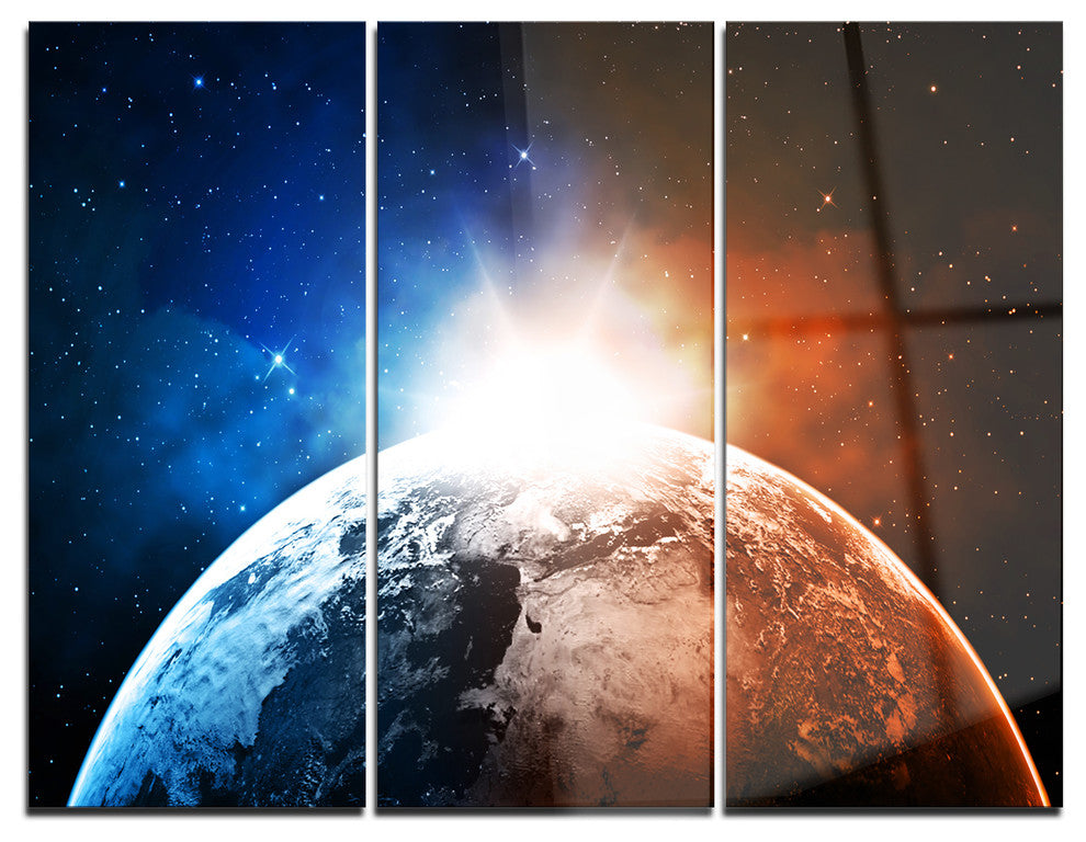 "Planet With Sunrise in Space" Metal Wall Art, 3 Panels, 36"x28"