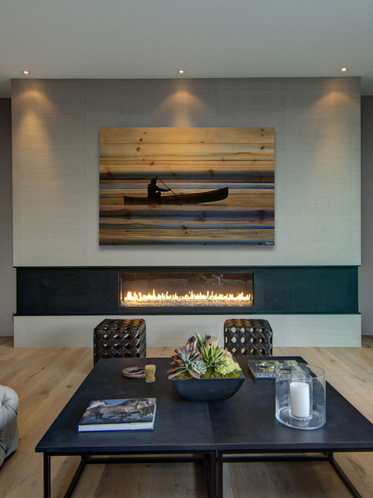 "Canoe on Calm Lake" Print on Natural Pine Wood, 60"x40"
