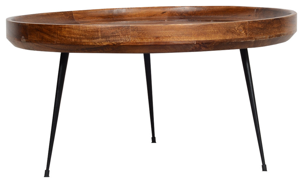30" Wide Round Mango Wood Coffee Table With Splayed Metal Legs Brown and Black