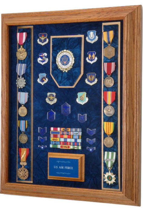 16" X 20" Solid Oak Military Award and Display Case With Strips, USAF Emblem