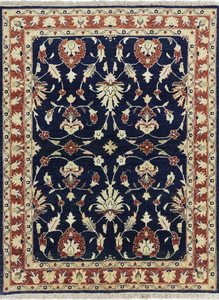Oushak Style Pakistani Chobi Blue Floral Hand-Knotted Wool Rug, 5'x7'