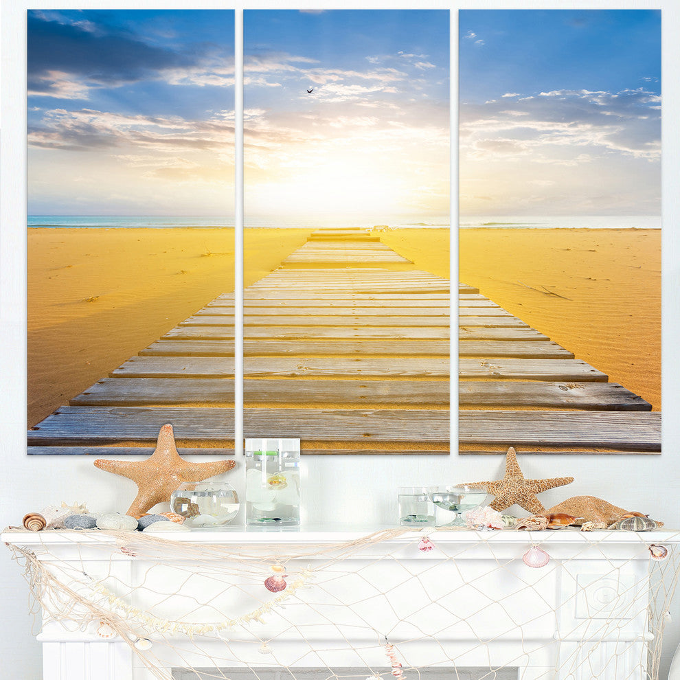 "Wooden Road at Blue Sea Beach" Sea Bridge Metal Wall Art, 3 Panels, 36"x28"