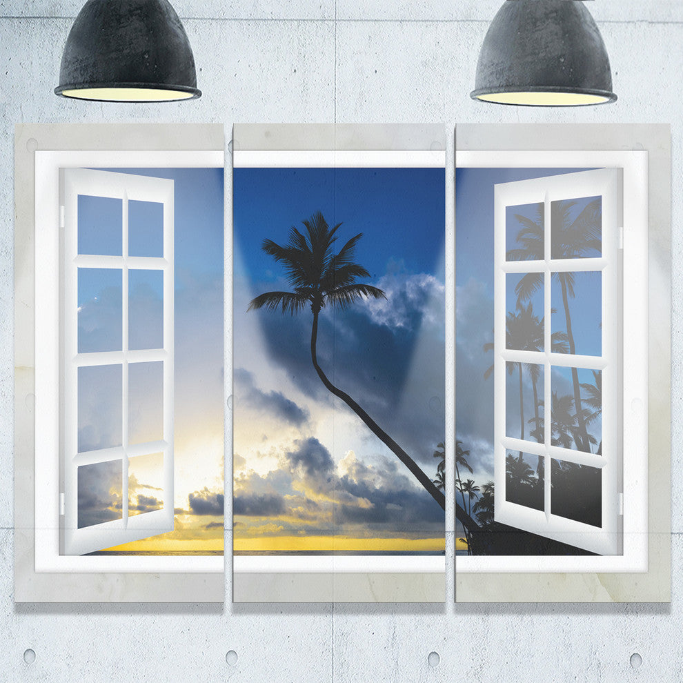 "Window to Beach With Coconut Palms" Metal Wall Art, 3 Panels, 36"x28"