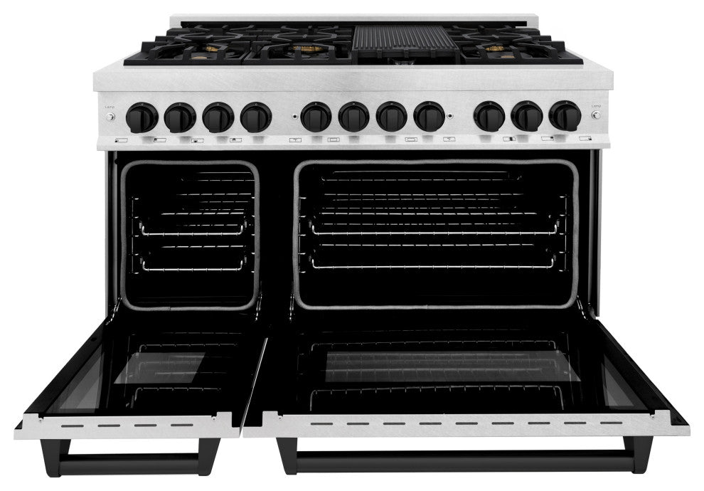 ZLINE 48" Dual Fuel Range, DuraSnow With Matte Black Accents RASZ-SN-48-MB