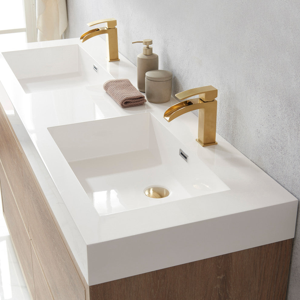 Huesca Bath Vanity, Integrated Sink Top, North American Oak, 60" Double Sink, Without Mirror