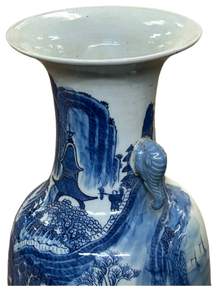 23" Vintage Blue White Scenery Porcelain Elephant Head Ear Art Vase Hws4363