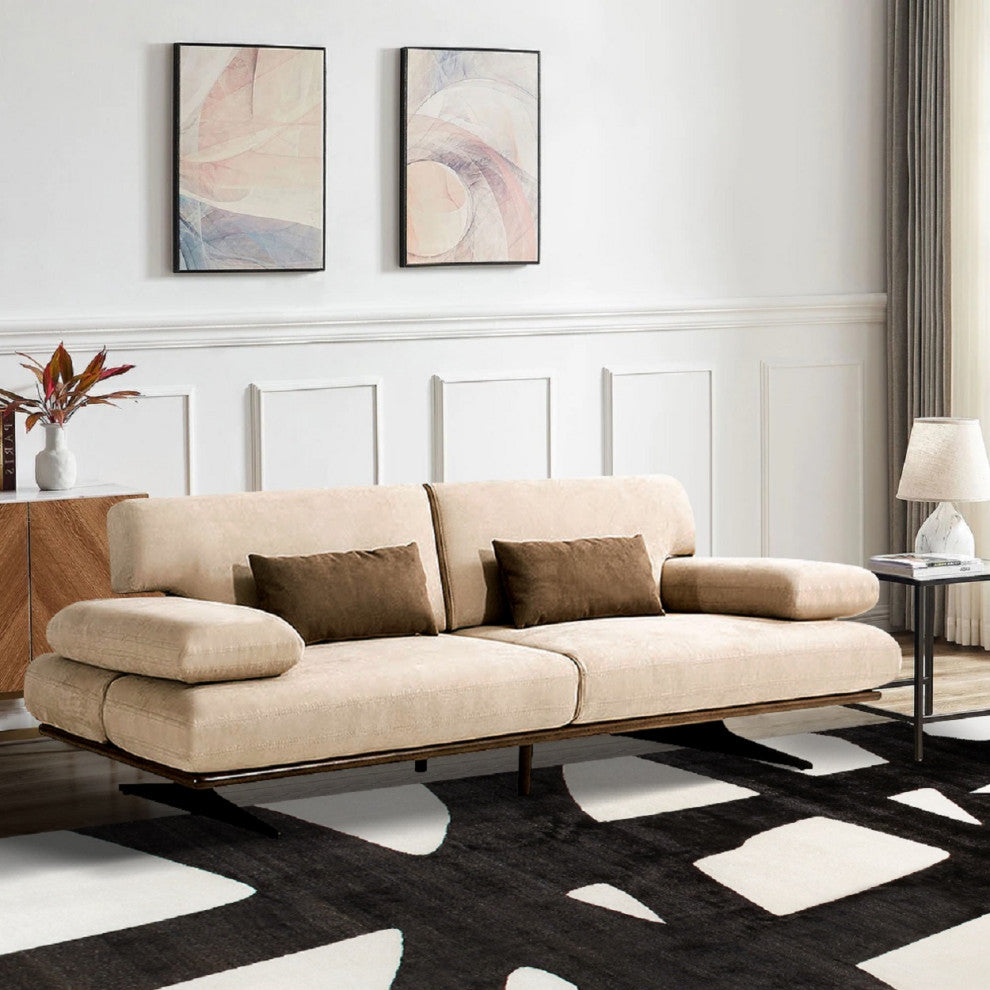 Delano Beige Faux Suede Sofa With Sliding Backrest and Armrest