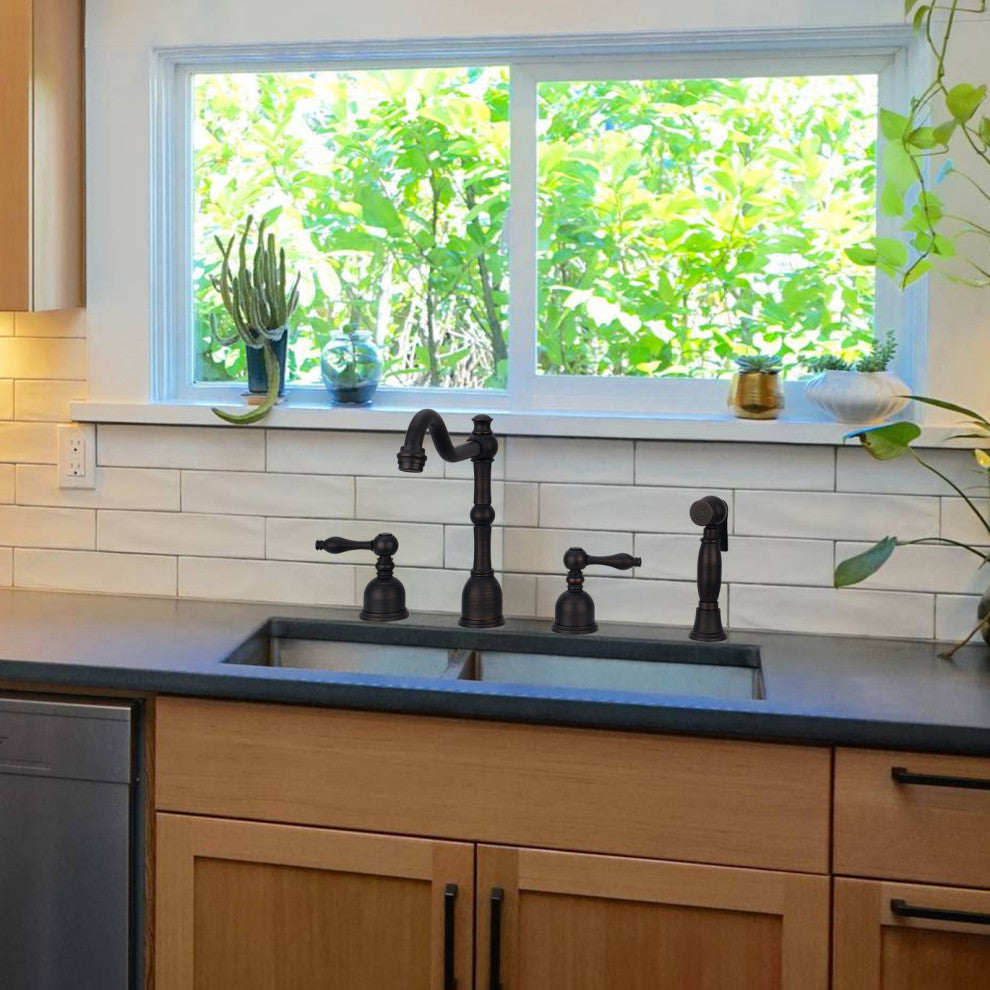 Two-Handles Copper Widespread Kitchen Faucet with Side Sprayer, Oil Rubbed Bronze