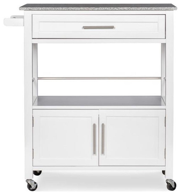 Pemberly Row Transitional Wood Kitchen Cart with Granite Top in White
