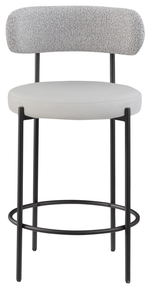 Beacon Upholstered Stool, Set of 2, Taupe, Matte Black Finish, Vegan Leather and Boucle Fabric