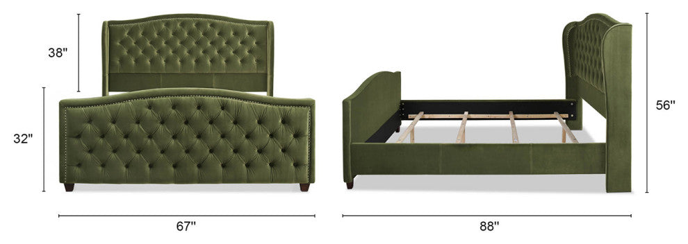 Marcella Upholstered Tufted Shelter Wingback Panel Bed, Olive Green Performance Velvet, King