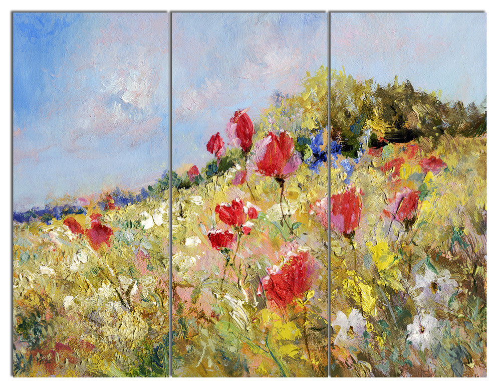 Painted Poppies on Summer Meadow, Landscape Triptych Canvas Art, 36x28, 3 Panels