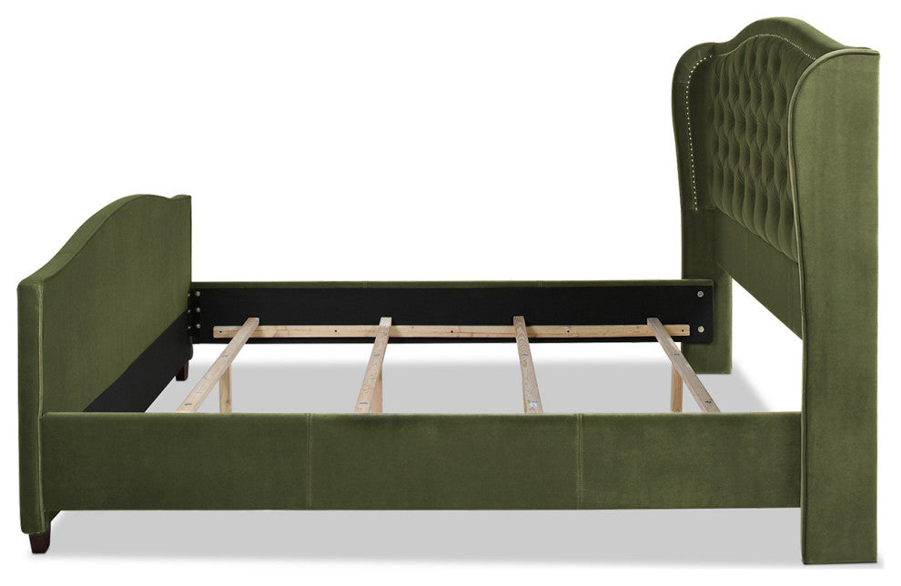 Marcella Upholstered Tufted Shelter Wingback Panel Bed, Olive Green Performance Velvet, King
