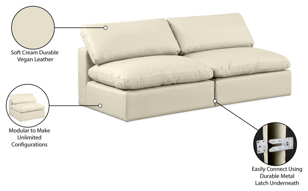Comfy Upholstered Modular Sofa, Cream, 2-Piece: 2 Armless Chair, Vegan Leather