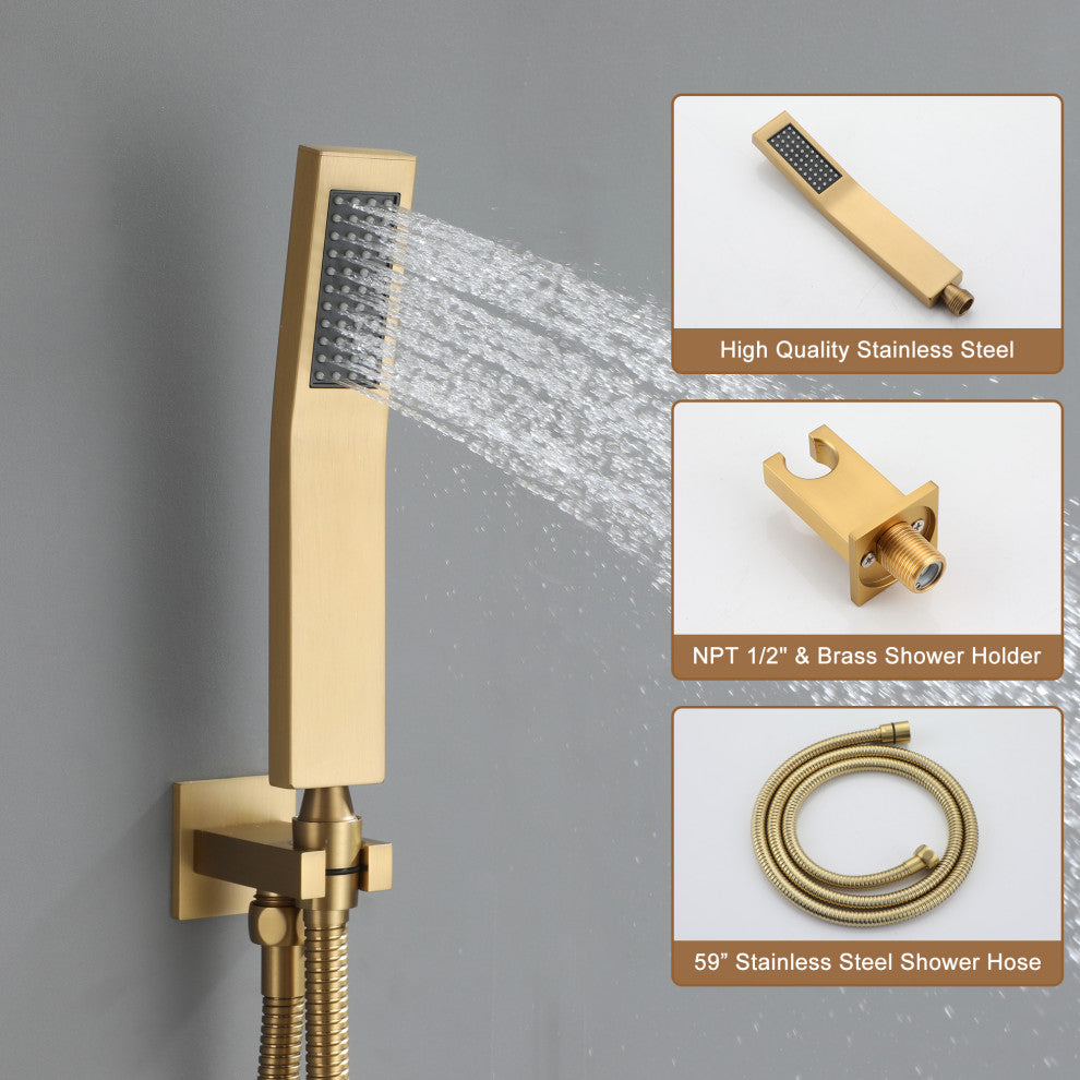 12" Dual Heads Shower System with 4 Way Thermostatic Faucet, Brushed Gold