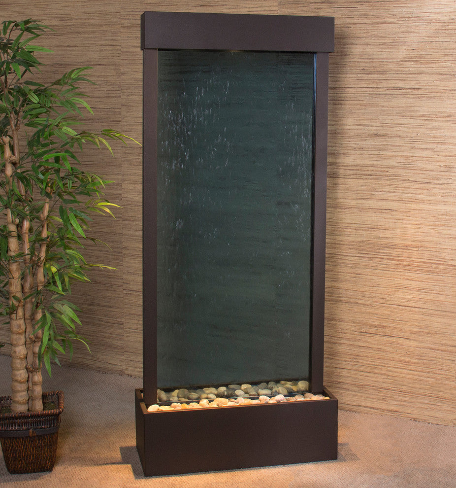 Harmony River Center Mount Water Fountain, Blue Glass, Antique Bronze, Lit Hood