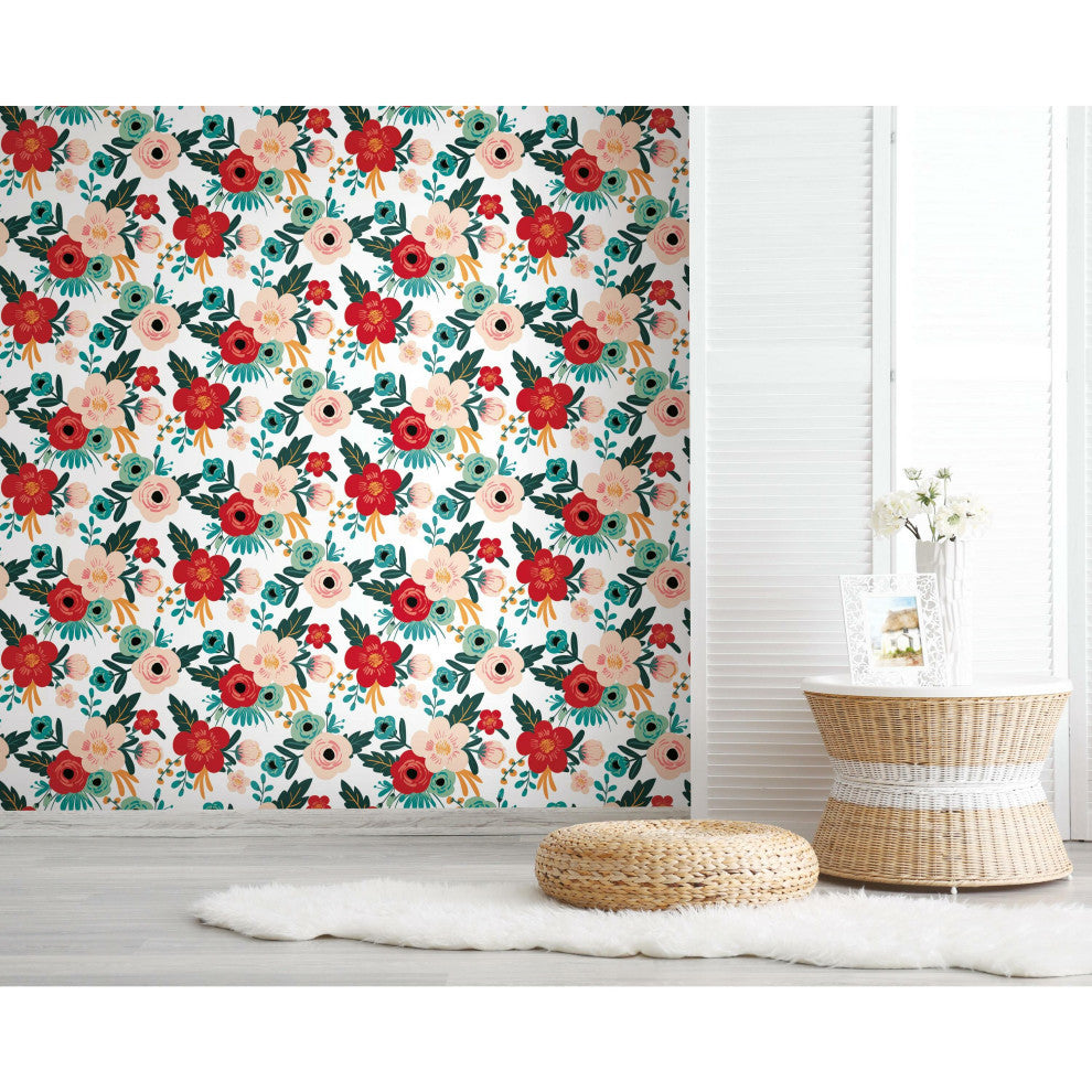 Poppy Floral Peel and Stick Wallpaper, Red and Blue