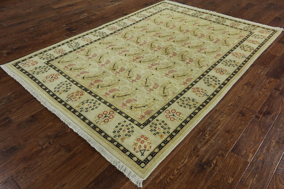 Fish Oushak Ivory Chobi Hand-Knotted Wool Rug, 9'x12