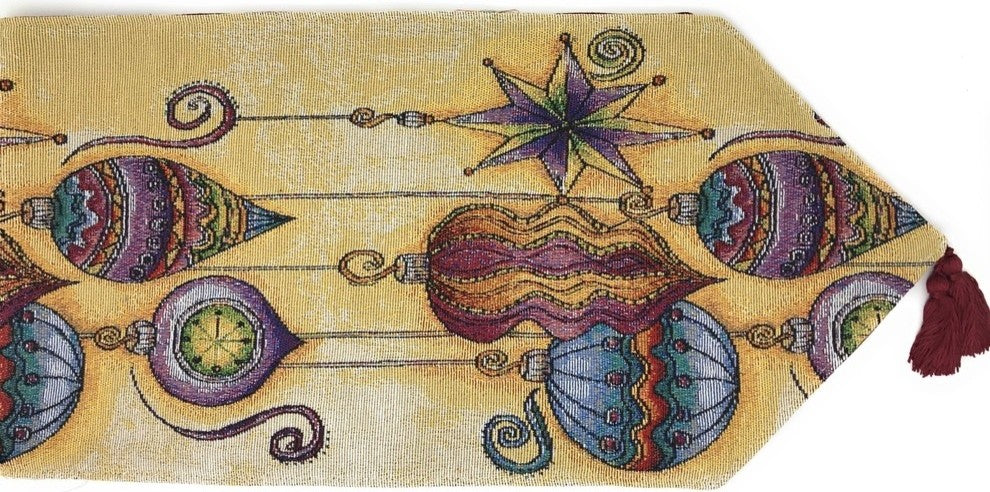 Elegant Ornaments Table Runner, Colorful Golden Holiday Tapestry, 13" X 90"