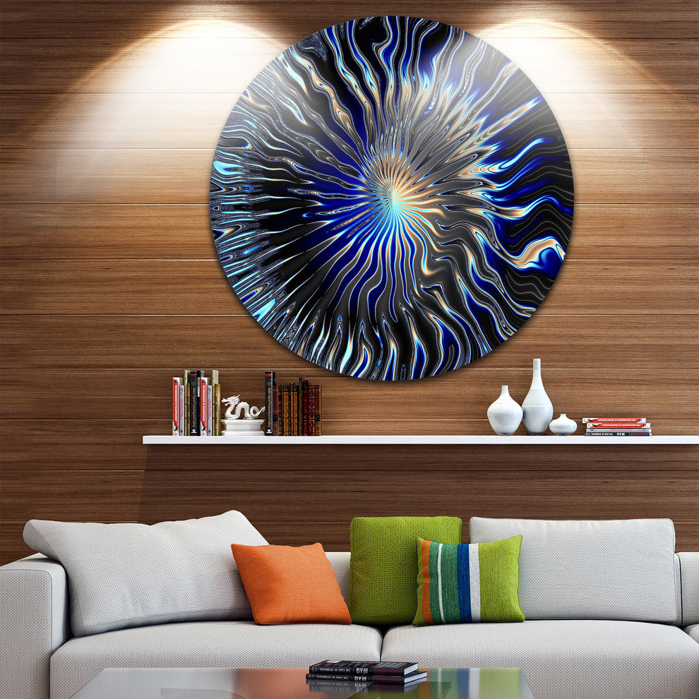 Blue Rays From The Circle, Abstract Art Large Disc Metal Wall Art, 36"