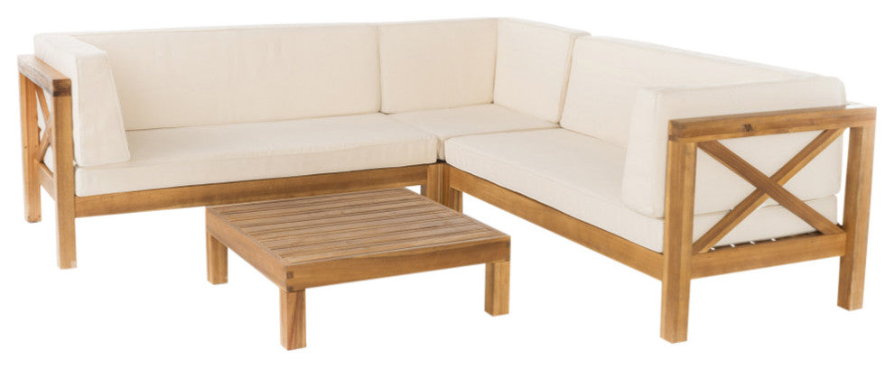 GDF Studio Brava Outdoor 4 Piece V-Shaped Acacia Wood Sectional Sofa Set, Beige