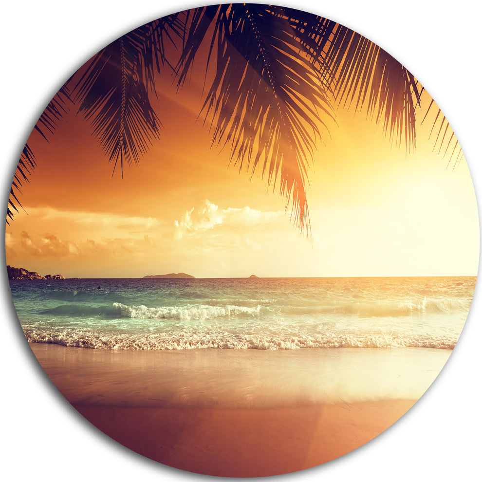 Palm Leaves On Caribbean Seashore, Modern Seashore Round Wall Art, 11"