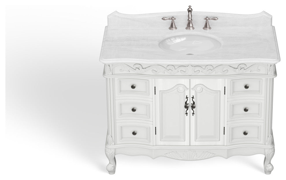 Antique White Traditional Style Single Sink Beckham Bathroom Vanity, White, 42", Single Sink, With Mirror, Freestanding