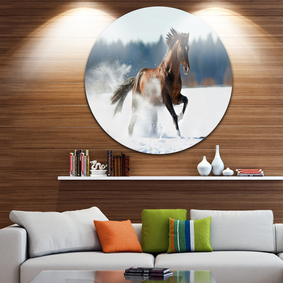 Horse Running In Winter, Landscape Photo Round Wall Art, 36"