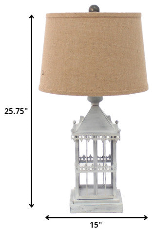 26" Gray Metal Table Lamp With Brown Drum Shade